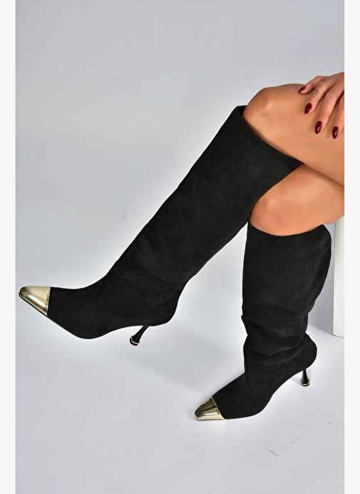 V752574102 Siyah Süet İnce Topuklu Kadın Çizme - Görsel 2