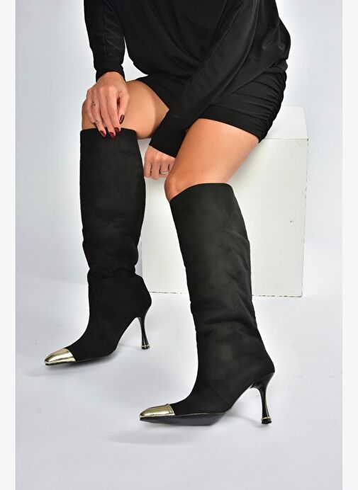 V752574102 Siyah Süet İnce Topuklu Kadın Çizme - Görsel 4