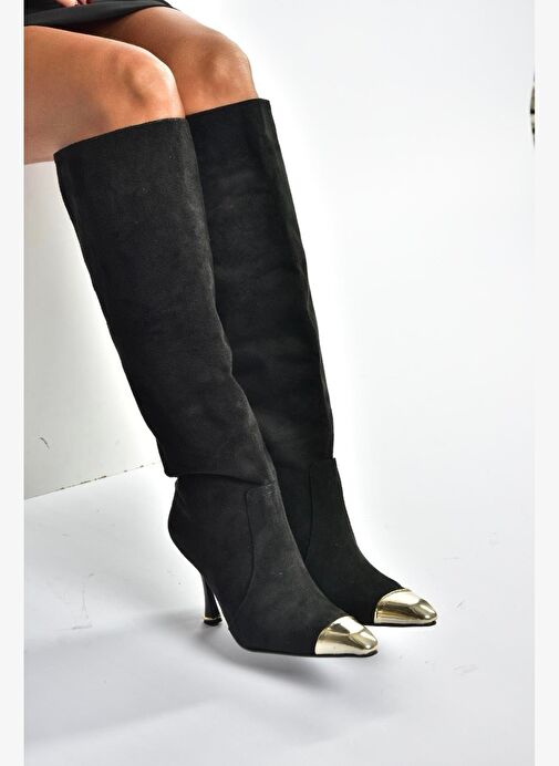 V752574102 Siyah Süet İnce Topuklu Kadın Çizme - Görsel 5