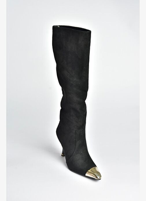 V752574102 Siyah Süet İnce Topuklu Kadın Çizme - Görsel 6