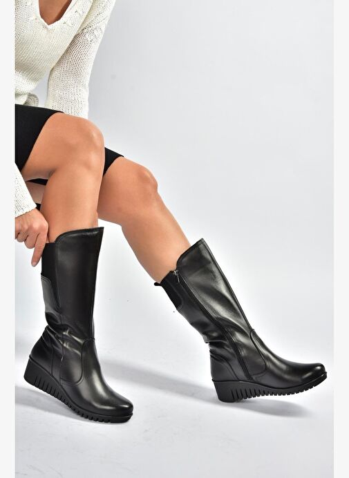 V324200803 Siyah Hakiki Deri Klasik Kadın Çizme - Görsel 4
