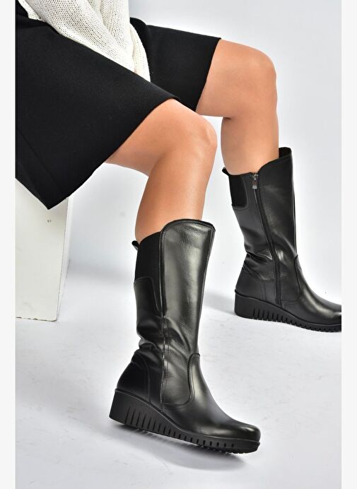 V324200803 Siyah Hakiki Deri Klasik Kadın Çizme - Görsel 2