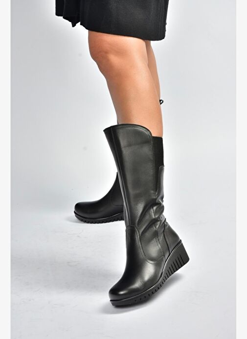 V324200803 Siyah Hakiki Deri Klasik Kadın Çizme - Görsel 3