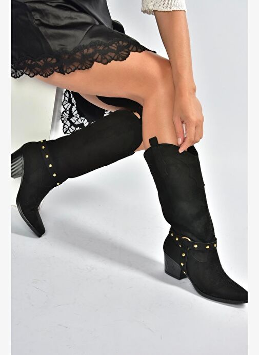 V820320302 Siyah Süet Kalın Topuklu Kadın Çizme - Görsel 5