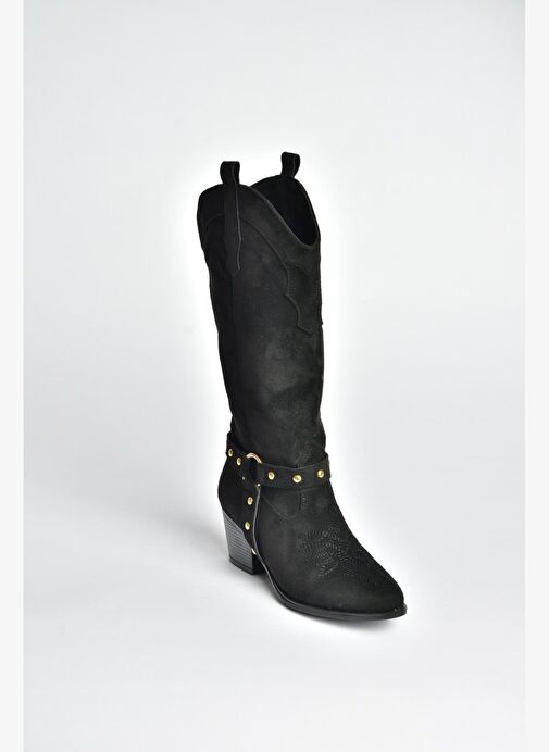 V820320302 Siyah Süet Kalın Topuklu Kadın Çizme - Görsel 6