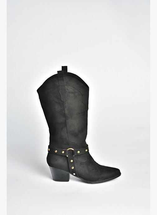 V820320302 Siyah Süet Kalın Topuklu Kadın Çizme - Görsel 7