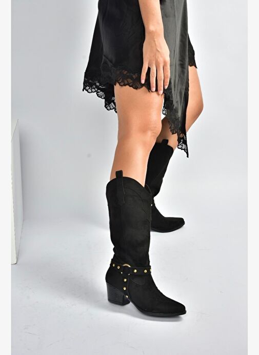 V820320302 Siyah Süet Kalın Topuklu Kadın Çizme - Görsel 3