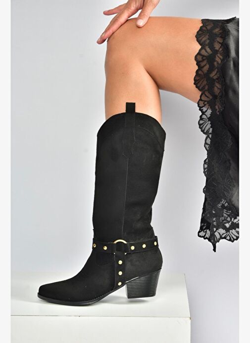 V820320302 Siyah Süet Kalın Topuklu Kadın Çizme - Görsel 2