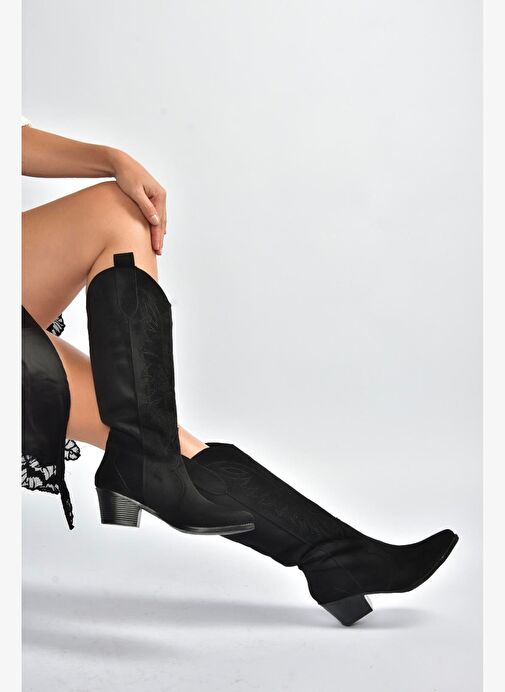 V820356002 Siyah Süet Kalın Topuklu Kadın Çizme - Görsel 2