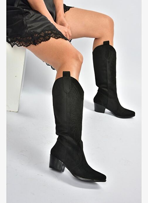 V820356002 Siyah Süet Kalın Topuklu Kadın Çizme - Görsel 4