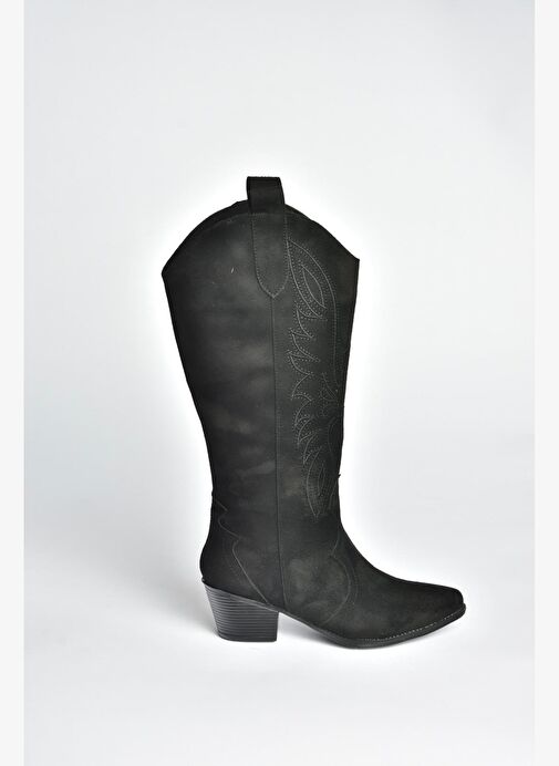 V820356002 Siyah Süet Kalın Topuklu Kadın Çizme - Görsel 6