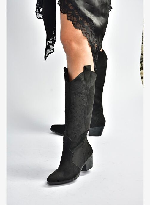 V820356002 Siyah Süet Kalın Topuklu Kadın Çizme - Görsel 5
