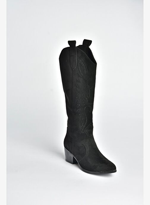 V820356002 Siyah Süet Kalın Topuklu Kadın Çizme - Görsel 7