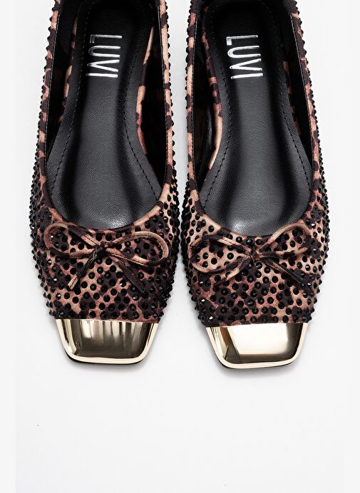 ABRA Siyah Sarı Desenli Taşlı Fiyonklu Kadın Babet Ayakkabı - Görsel 3