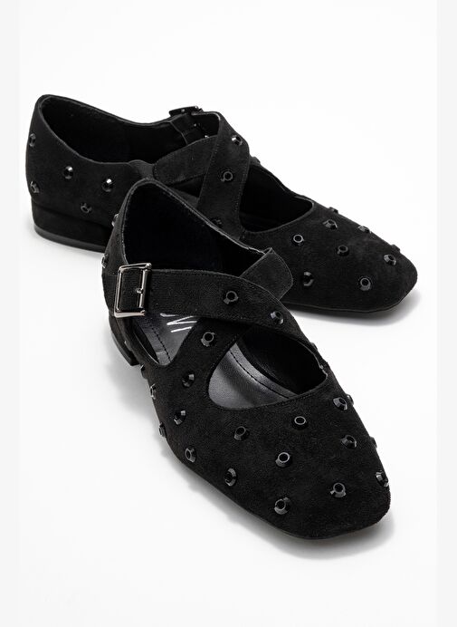 ADDISON Siyah Süet Taşlı Çapraz Bantlı Kadın Babet Ayakkabı - Görsel 2