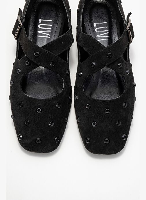 ADDISON Siyah Süet Taşlı Çapraz Bantlı Kadın Babet Ayakkabı - Görsel 3