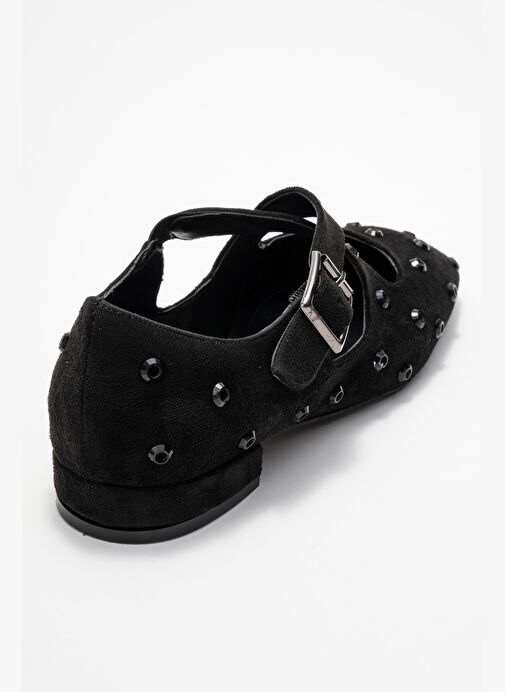 ADDISON Siyah Süet Taşlı Çapraz Bantlı Kadın Babet Ayakkabı - Görsel 6