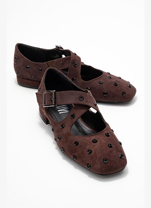 ADDISON Kahverengi Süet Taşlı Çapraz Bantlı Kadın Babet Ayakkabı - Görsel 2