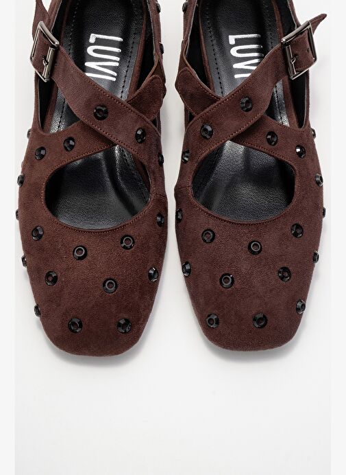 ADDISON Kahverengi Süet Taşlı Çapraz Bantlı Kadın Babet Ayakkabı - Görsel 3