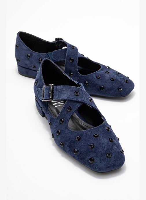 ADDISON Lacivert Süet Taşlı Çapraz Bantlı Kadın Babet Ayakkabı - Görsel 2