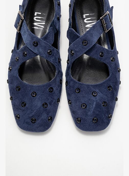 ADDISON Lacivert Süet Taşlı Çapraz Bantlı Kadın Babet Ayakkabı - Görsel 3