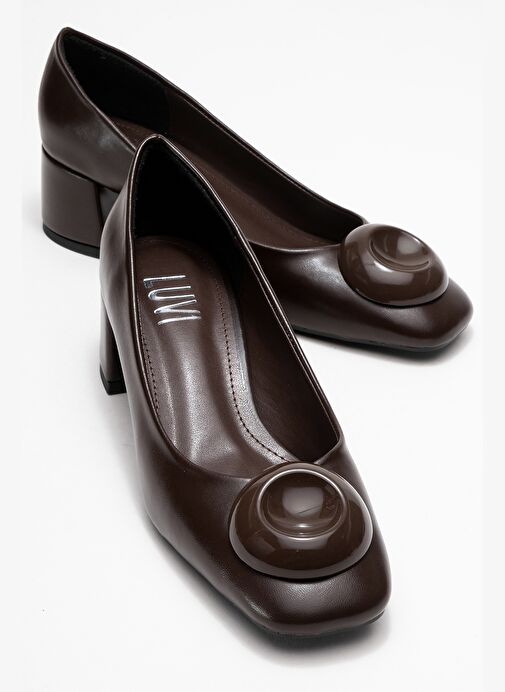 MILA Kahverengi Tokalı Kare Burunlu Kadın Kalın Topuklu Ayakkabı - Görsel 2