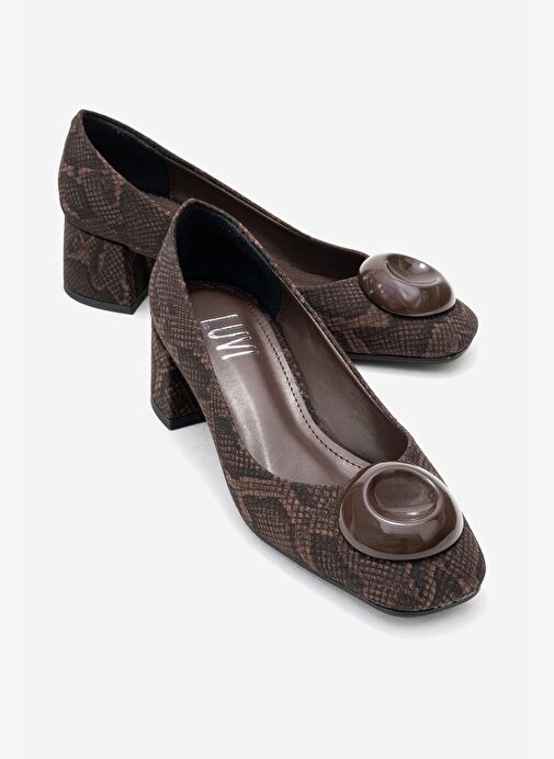 MILA Kahverengi Desenli Tokalı Kare Burunlu Kadın Kalın Topuklu Ayakkabı - Görsel 2