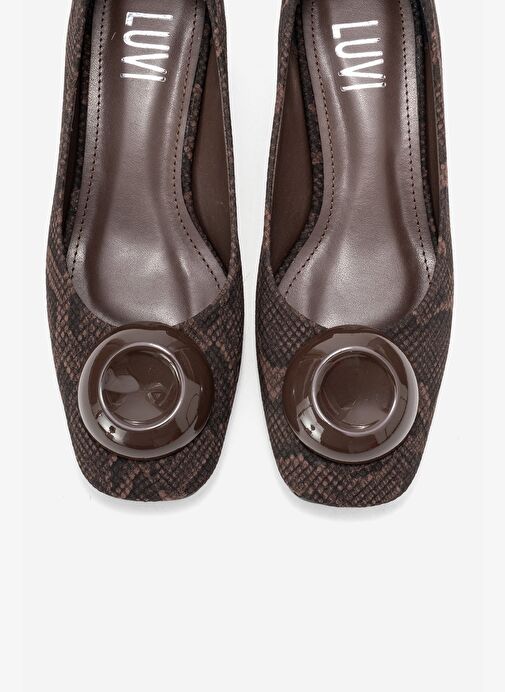 MILA Kahverengi Desenli Tokalı Kare Burunlu Kadın Kalın Topuklu Ayakkabı - Görsel 3