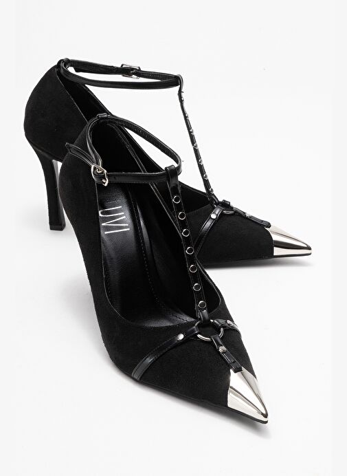 JULIANA Siyah Süet Trok Kemerli Kadın Metalik Burunlu Topuklu Ayakkabı - Görsel 2