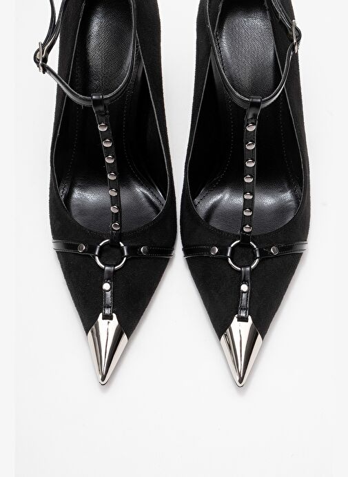 JULIANA Siyah Süet Trok Kemerli Kadın Metalik Burunlu Topuklu Ayakkabı - Görsel 3