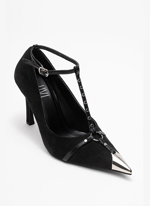 JULIANA Siyah Süet Trok Kemerli Kadın Metalik Burunlu Topuklu Ayakkabı - Görsel 4