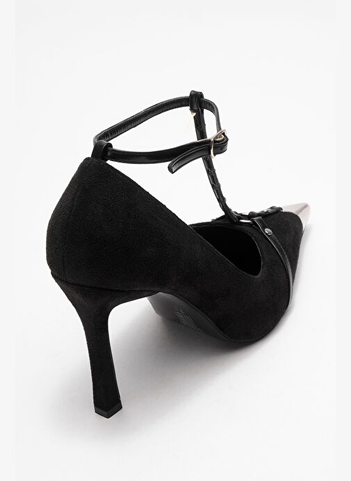 JULIANA Siyah Süet Trok Kemerli Kadın Metalik Burunlu Topuklu Ayakkabı - Görsel 6