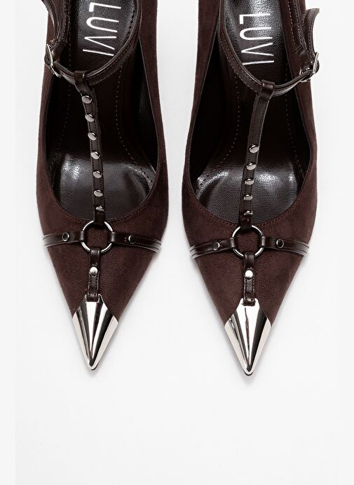 JULIANA Kahverengi Süet Trok Kemerli Kadın Metalik Burunlu Topuklu Ayakkabı - Görsel 3