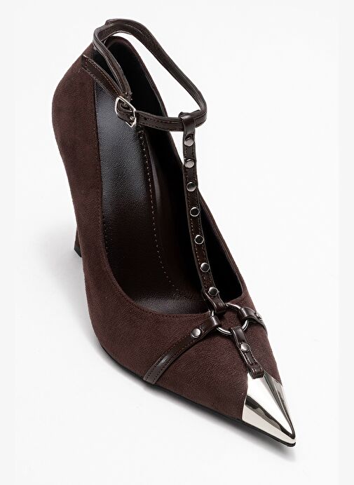 JULIANA Kahverengi Süet Trok Kemerli Kadın Metalik Burunlu Topuklu Ayakkabı - Görsel 4