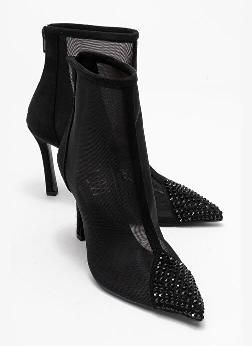 SAMUEL Siyah Süet Transparan Fileli Taşlı Arkadan Fermuarlı Kadın Topuklu Bot - Görsel 2