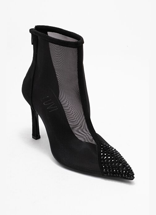 SAMUEL Siyah Süet Transparan Fileli Taşlı Arkadan Fermuarlı Kadın Topuklu Bot - Görsel 4