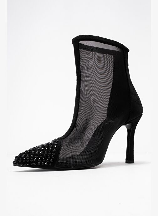 SAMUEL Siyah Süet Transparan Fileli Taşlı Arkadan Fermuarlı Kadın Topuklu Bot - Görsel 5