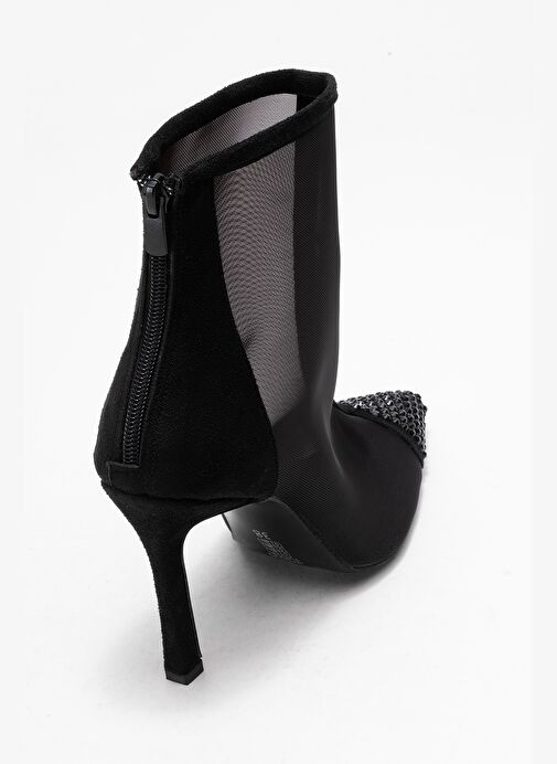 SAMUEL Siyah Süet Transparan Fileli Taşlı Arkadan Fermuarlı Kadın Topuklu Bot - Görsel 6