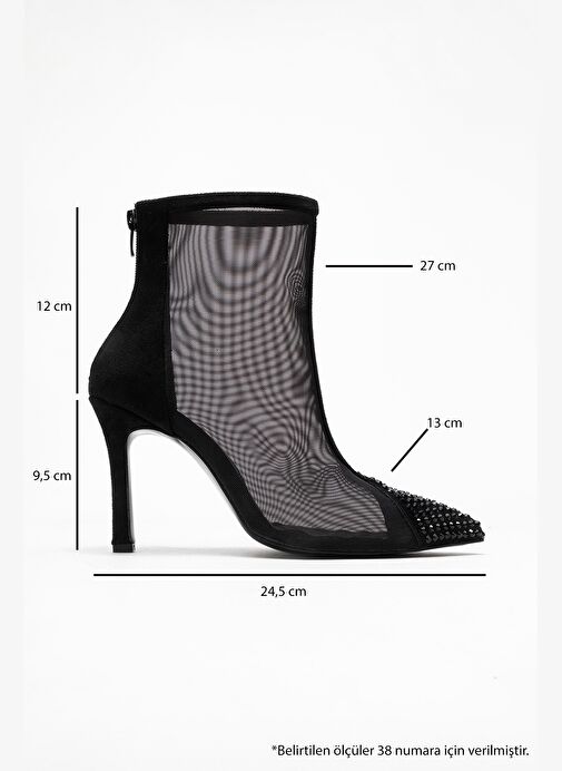 SAMUEL Siyah Süet Transparan Fileli Taşlı Arkadan Fermuarlı Kadın Topuklu Bot - Görsel 7