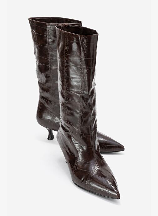 CROW Kahverengi Baskı Sivri Burunlu Kadın Topuklu Kısa Çizme - Görsel 2