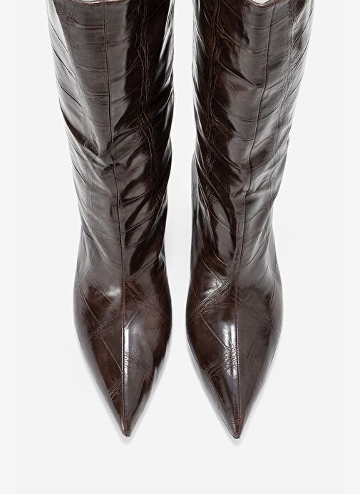 CROW Kahverengi Baskı Sivri Burunlu Kadın Topuklu Kısa Çizme - Görsel 3