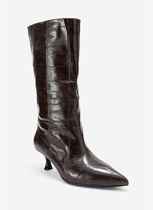 CROW Kahverengi Baskı Sivri Burunlu Kadın Topuklu Kısa Çizme - Görsel 4