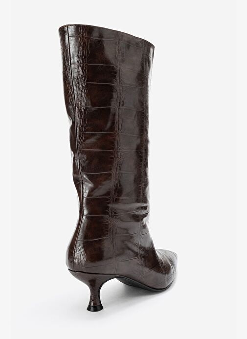 CROW Kahverengi Baskı Sivri Burunlu Kadın Topuklu Kısa Çizme - Görsel 6