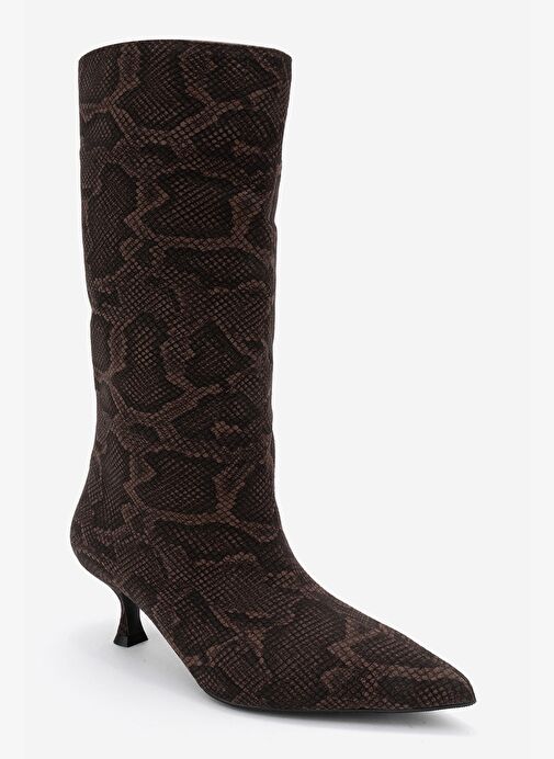 CROW Kahverengi Desenli Sivri Burunlu Kadın Topuklu Kısa Çizme - Görsel 4