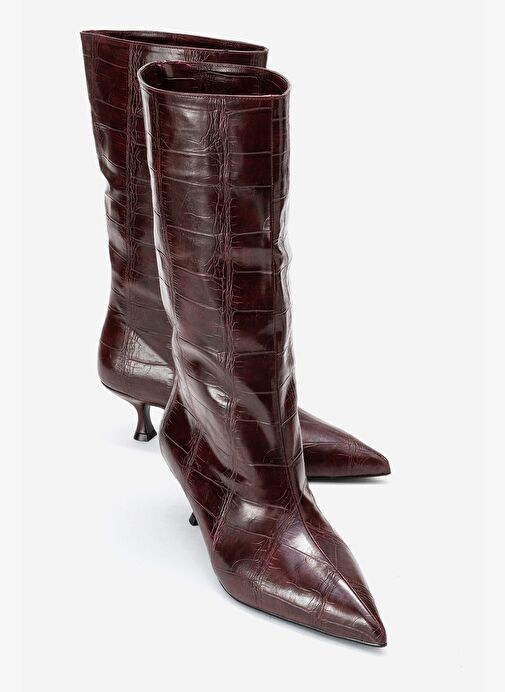 CROW Bordo Baskı Sivri Burunlu Kadın Topuklu Kısa Çizme - Görsel 2