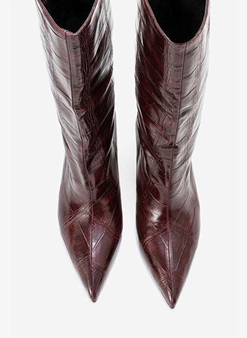 CROW Bordo Baskı Sivri Burunlu Kadın Topuklu Kısa Çizme - Görsel 3