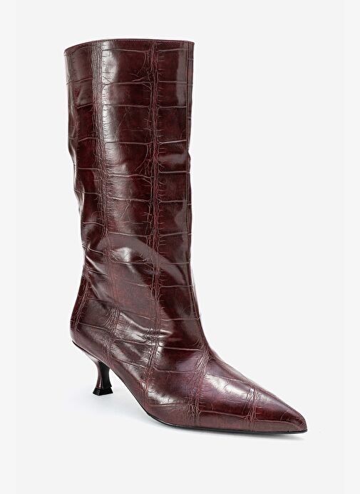 CROW Bordo Baskı Sivri Burunlu Kadın Topuklu Kısa Çizme - Görsel 4