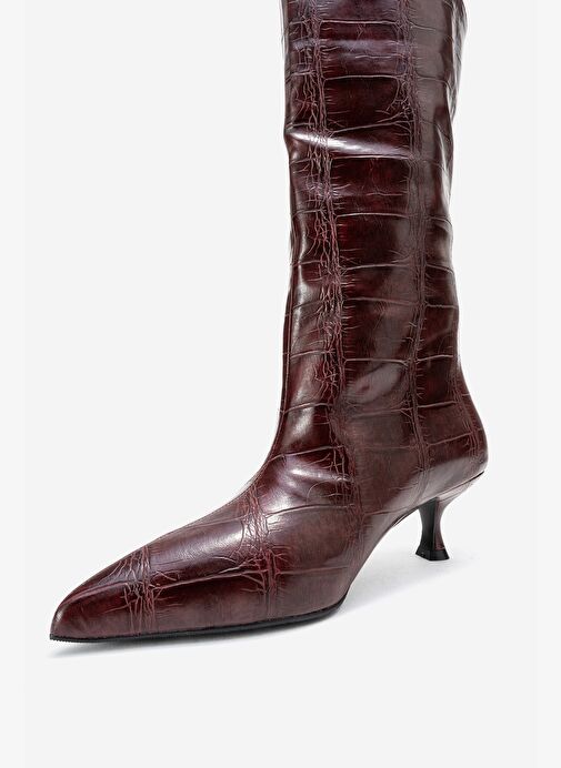 CROW Bordo Baskı Sivri Burunlu Kadın Topuklu Kısa Çizme - Görsel 5