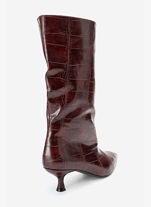 CROW Bordo Baskı Sivri Burunlu Kadın Topuklu Kısa Çizme - Görsel 6