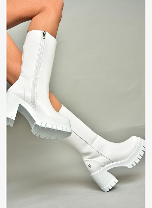 T973790109 Beyaz Kalın Topuklu Kadın Çizme - Görsel 2